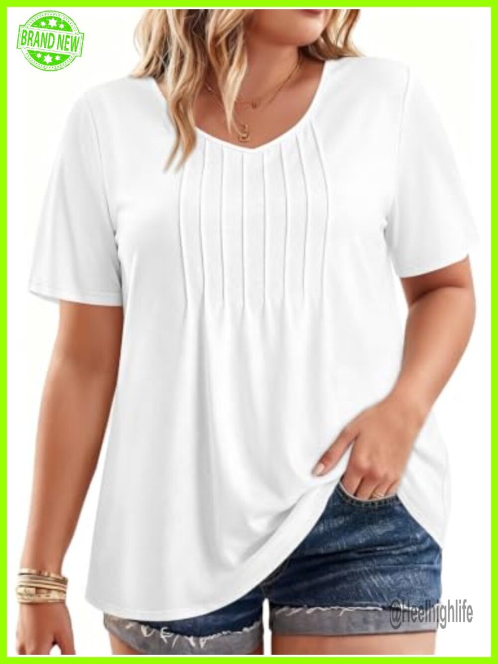 Plus Size V-Neck Short Sleeve Pleated Summer Tunic Top